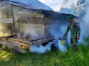 Cegah Malaria dan Demam Berdarah, Pasukan TNI Lakukan Fogging di Kampung Kondo