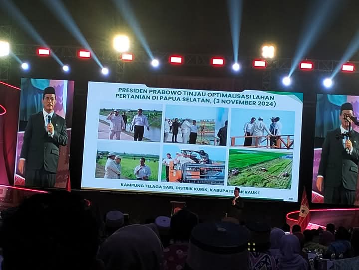 Menteri Pertanian, Dr. Amran Sulaiman, (Calon Ketua Umum KKSS) paparkan program swasembada pangan, Prabowo Gibran di acara PSBM dan MUBES KKSS di Makassar, tgl 10 April 2025.