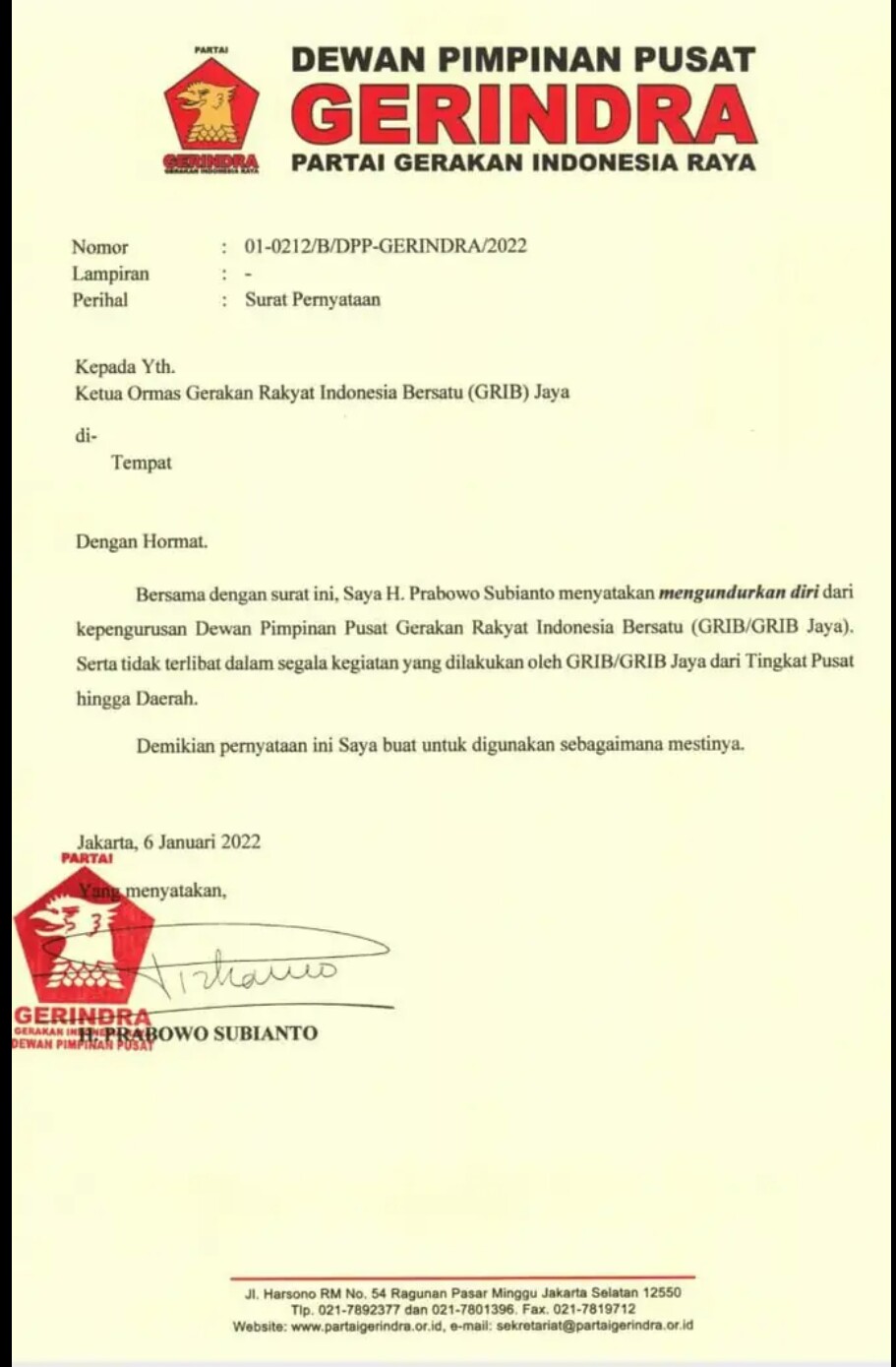 Presiden Prabowo Mundur dari GRIB Jaya Sejak 2022