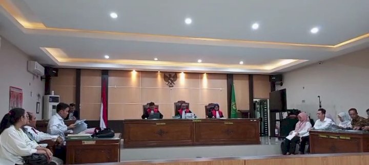 Sidang gugatan sengketa lahan antara warga pemilik lahan dengan PTBA dan PT BSP dengan agenda pembuktian di PN Muara Enim. Foto Remol Sumsel