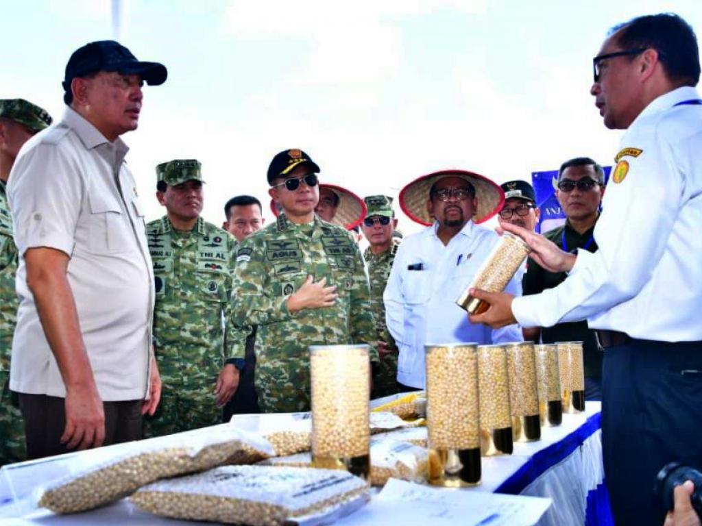 Keberhasilan ini ditandai dengan panen perdana komoditas kedelai di Pemukiman TNI AL