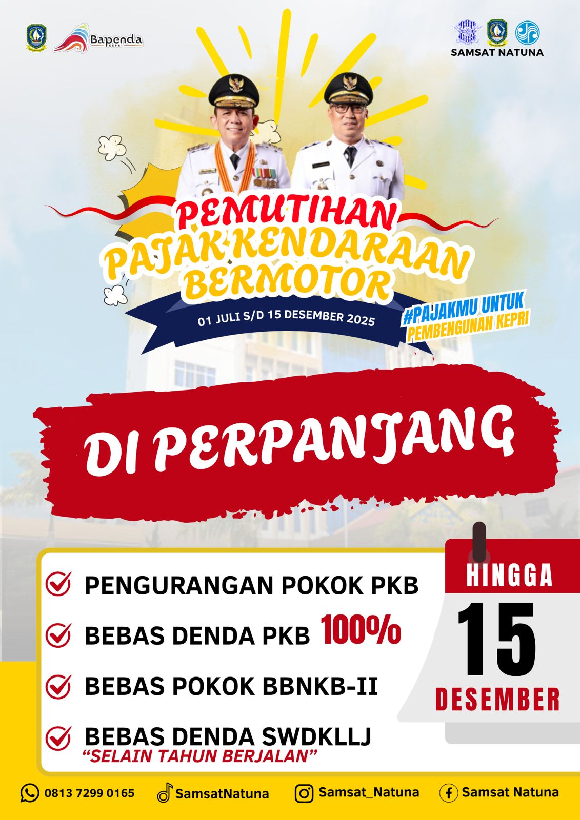 Pemerintah Provinsi Kepulauan Riau perpanjang pemutihan pajak kendaraan hingga 15 Desember 2025. Bantu ringankan masyarakat & pacu pembangunan daerah.